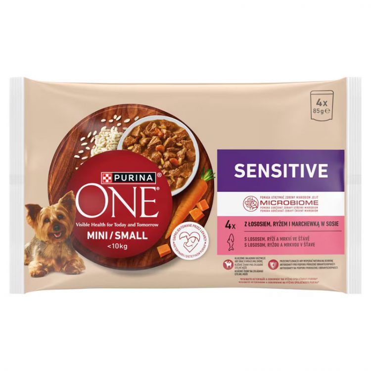 Purina ONE Mini Dog Sensitive kapsičky pre psov losos v šťave 4x85 g