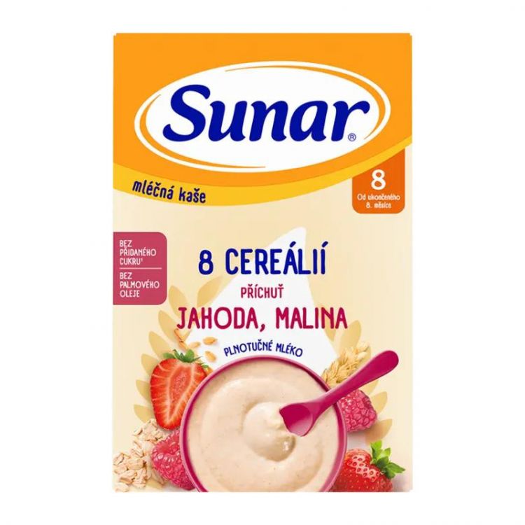 Sunar mliečna kaša 8 cereálií príchuť jahoda, malina 210 g