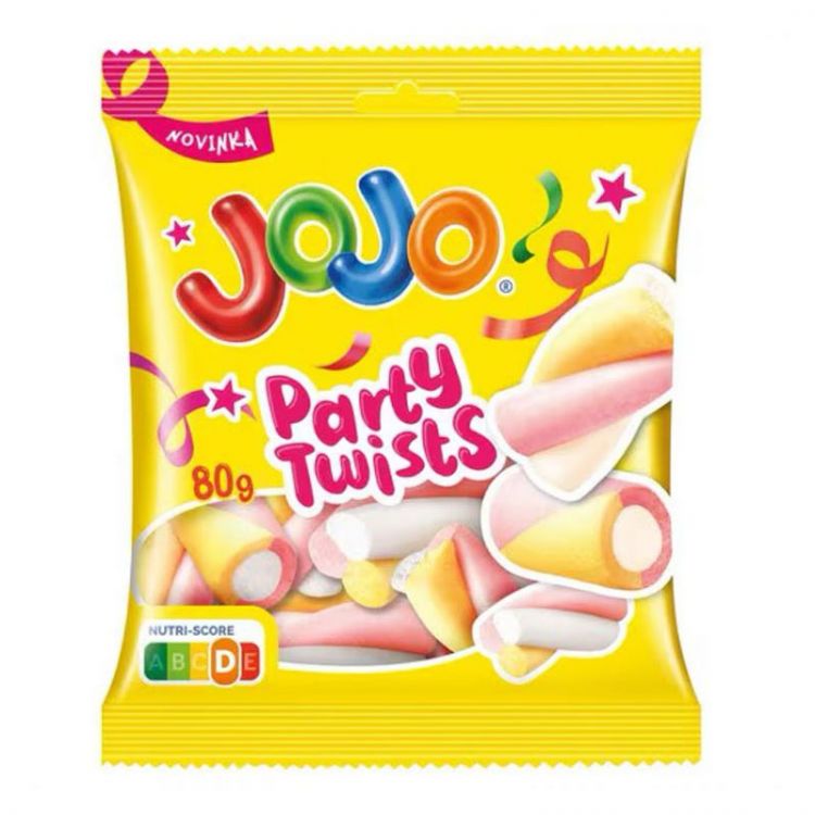 JOJO Party Twist penové cukríky s príchuťou zmrzliny, broskýň a čučoriedok 80 g