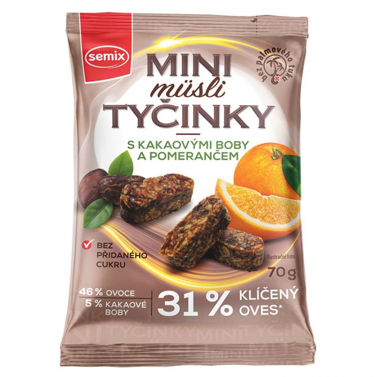 Semix Mini musli tyčinky s kakaovými bôbmi a pomarančom  bez lepku 70g