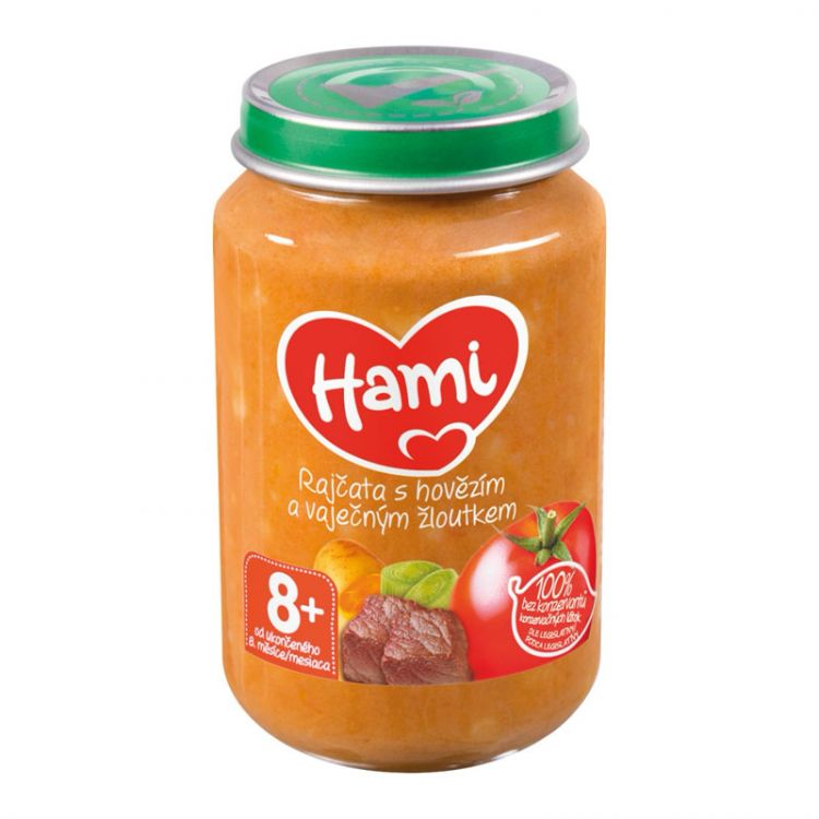 Hami mäsozeleninový príkrm Paradajky s hovädzím a vaječným žĺtkom 200 g, od 8+ mesiac