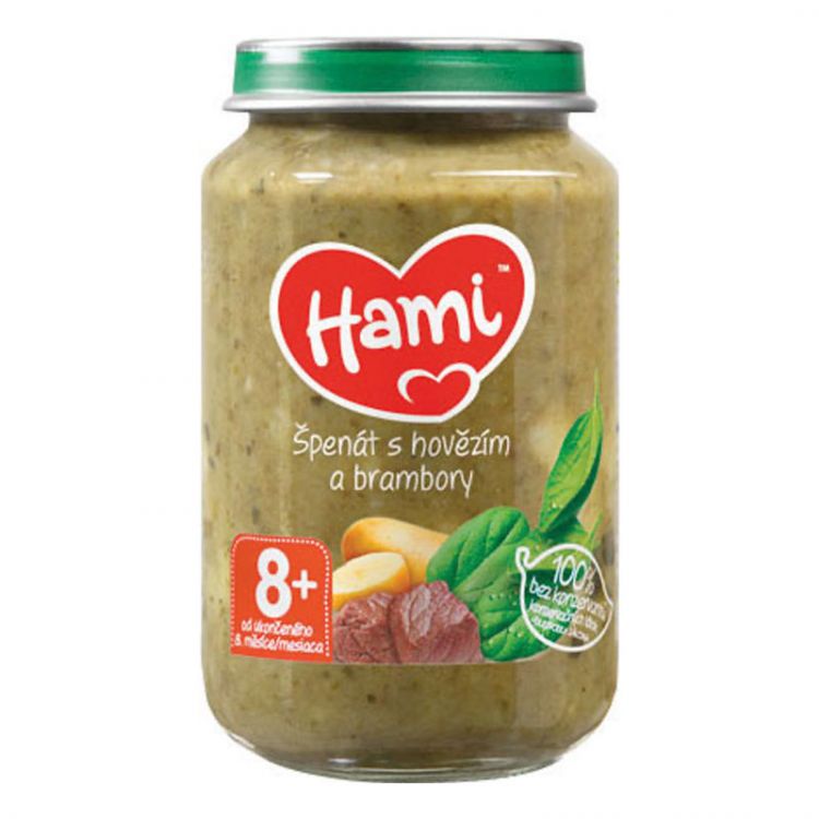 Hami mäsovo-zeleninový príkrm Špenát s hovädzím a zemiakmi 200g, od 8+ mesiac