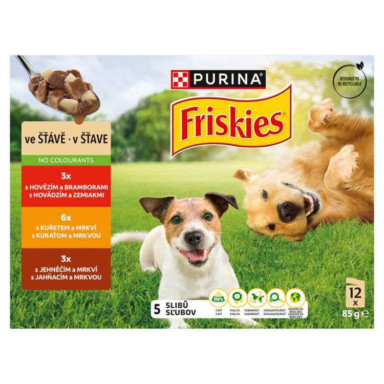 Friskies Dog ADULT Multipack (12x85g) - hovädzie/kura/ jahňacie v šťave