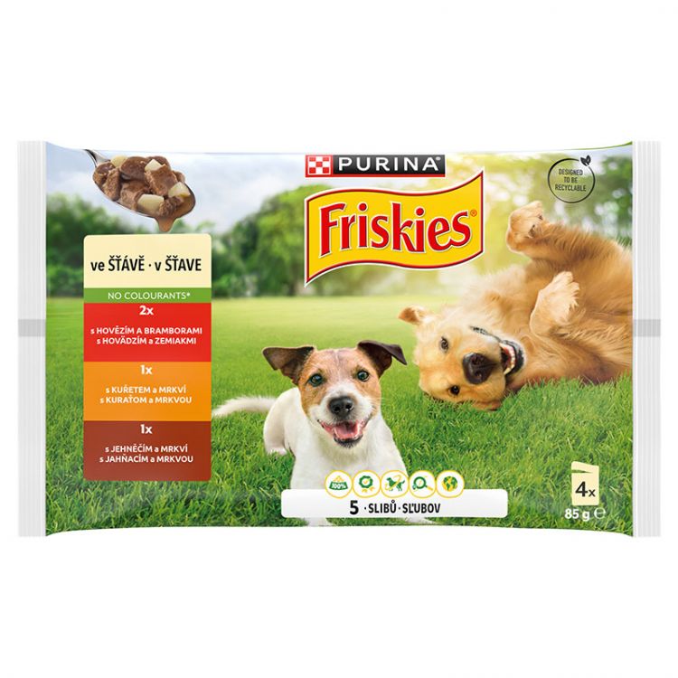 Friskies Adult kapsičky pre psov hovädzie, kura, jahňacie v šťave 4x85 g