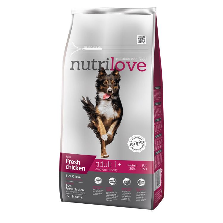 Nutrilove FM kompletné krmivo pre dospelých psov stredných plemien s čerstvým kuracím mäsom a ryžou 8 kg