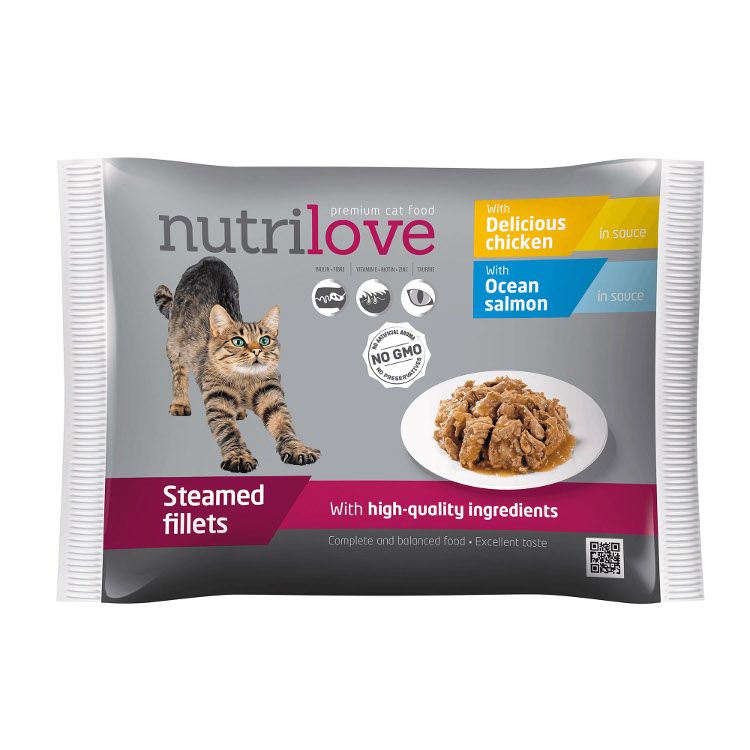 Nutrilove dusené filetky s delikátnym kuracím mäsom v omáčke alebo s atlantickým lososom v omáčke 4x85g - eDELIA.sk