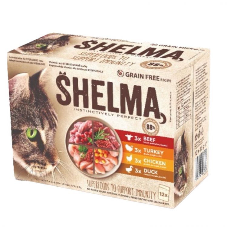 Shelma NM Kapsička Mačka GF kuracina-hovädzie, kačka-morka 12 x 85gv omáčke