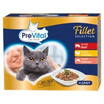 PreVital NM Kapsička Mačka hovädzia-kura-losos 12 x 85g v omáčke