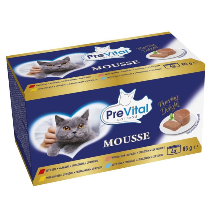 PreVital Minikonzerva Mačka hovädzia, kura, tuniak, losos 4 x 85g - novinka