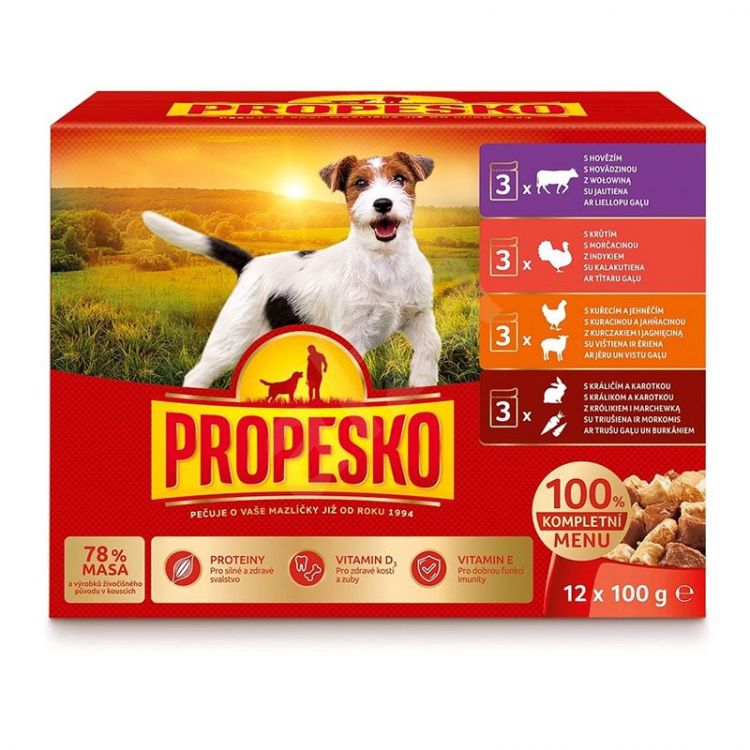 Propesko Kapsička Pes kura-jahňa,morka,králik-mrkva,hovädzia 40 x 100g - novinka