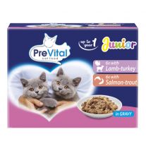 PreVital Kapsička Mačka jahňa-morka,losos-pstruh 12 x 100g junior v omáčke