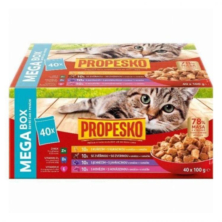 Propesko Kapsička Mačka kura,hovädzia,zverina,jahňa 40 x 100g - novinka