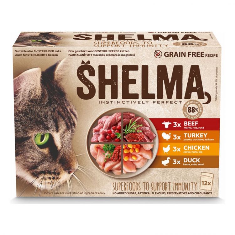 Shelma NM Kapsička Mačka GF kuracina-hovädzie, losos-treska 12 x 85g v omáčke
