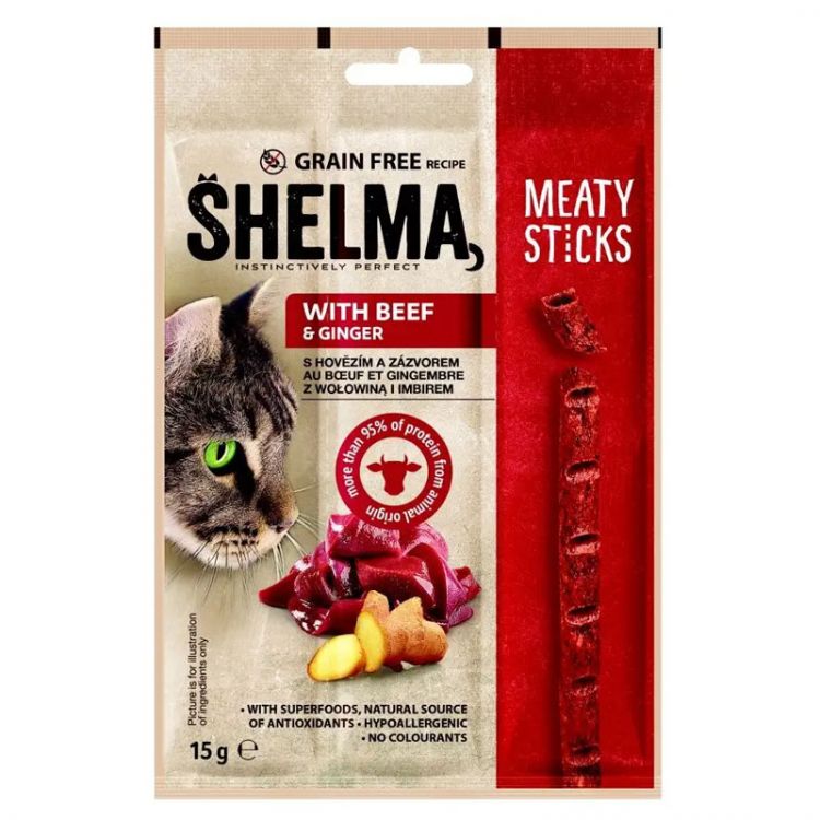 Shelma Snack Mačka Grain Free hovädzie mäsité tyčinky 15g