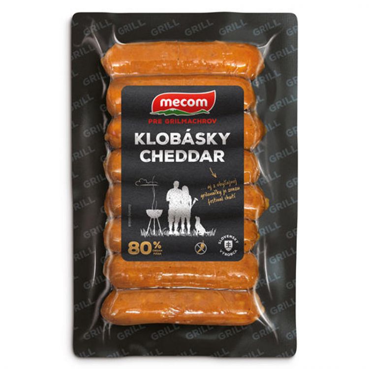 MECOM Klobásky cheddar 80% VB 210g