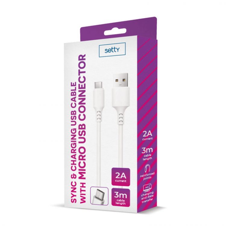 SETTY microUSB kábel 3m 2A (GSM113065) biela