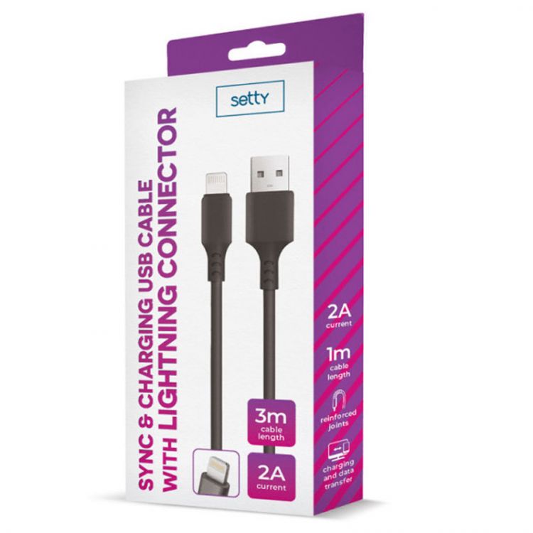 SETTY USB lightning kábel 3m 2A (GSM109950) čierna