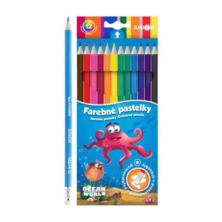 Pastelky JUNIOR Ocean World šesťhranné/gumovateľné - sada 12 ks