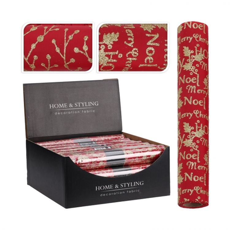 Organza látková 28x270 cm - červená, trblietavá potlač zlatej farby (mix 2 motívov)