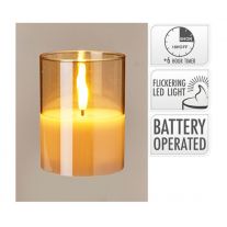 Sviečka sklenená LED s časovačom 10 cm, vosk vo vnútri, realistický plameň, jantár. farba