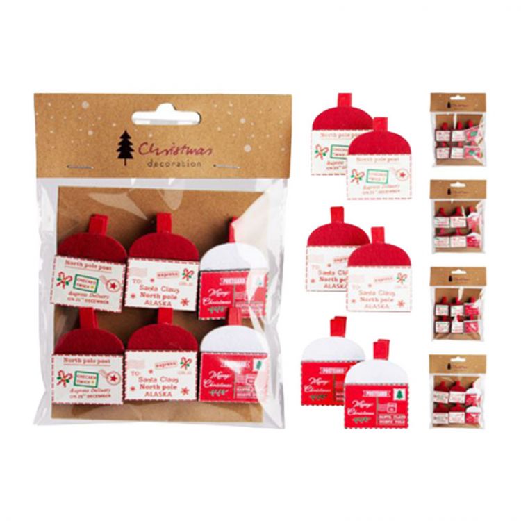 Dekorácie - štipce drevené s vianočnou obálkou, mix/set 6ks