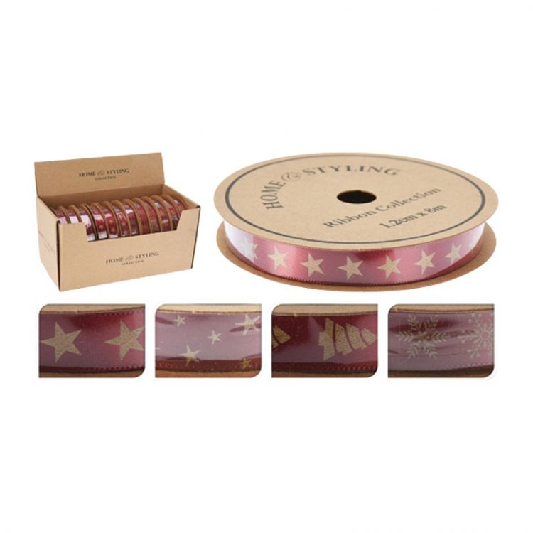 Dekoračná stuha 12x8000 mm červená (mix 4 vzorov, cena /1 ks)