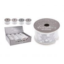 Dekoračná stuha 63x2700 mm biela so striebornou potlačou (mix 4 vzorov, cena /1 ks)