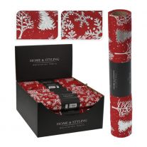 Organza látková 28x250 cm - červená, motív snehové vločky / stromy