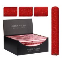 Organza látková 30x500 cm - vzor hviedy, bobule, snehové vločky, červená farba