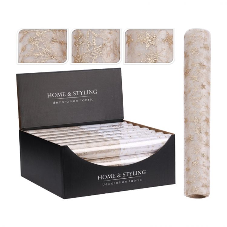 Organza látková 30x500 cm - vzor hviedy, bobule, snehové vločky, zlatá šampaň farba