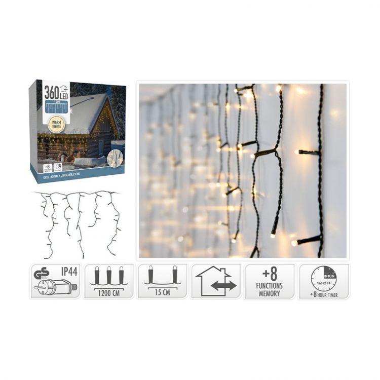 Svetelná reťaz s visiacimi pramienkami 360 LED biela teplá, dĺžka 12 m, 230V