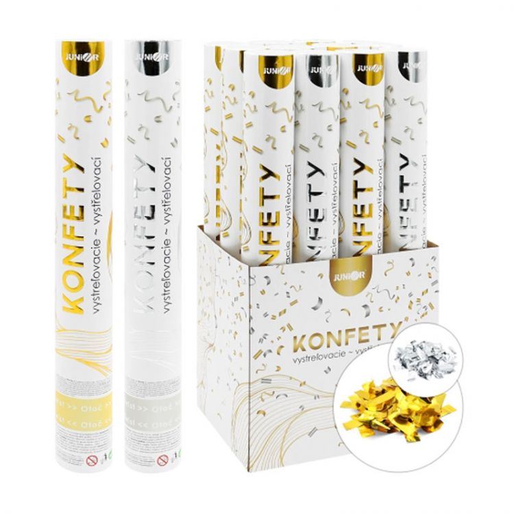 Vystreľovacie konfety - tuba 40 cm, mix - zlaté/strieborné metalické obdĺžniky