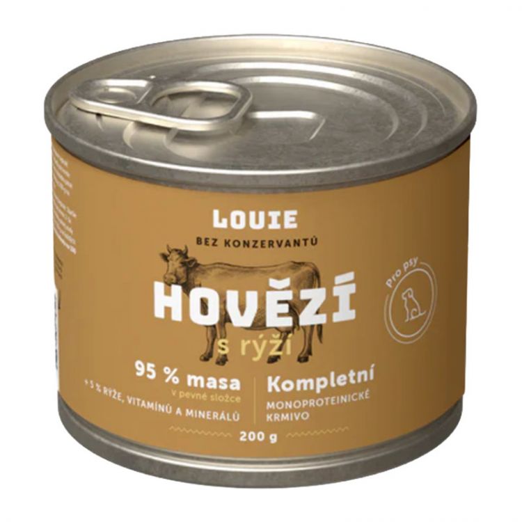 LOUIE Hovädzie mäso (95 % v pevnej časti), s ryžou a prebiotikami 200 g