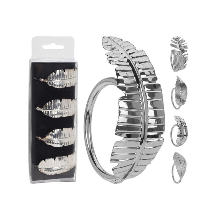 Dekoračné obrúčky na obrúsky - List strieborný, sada 4 ks