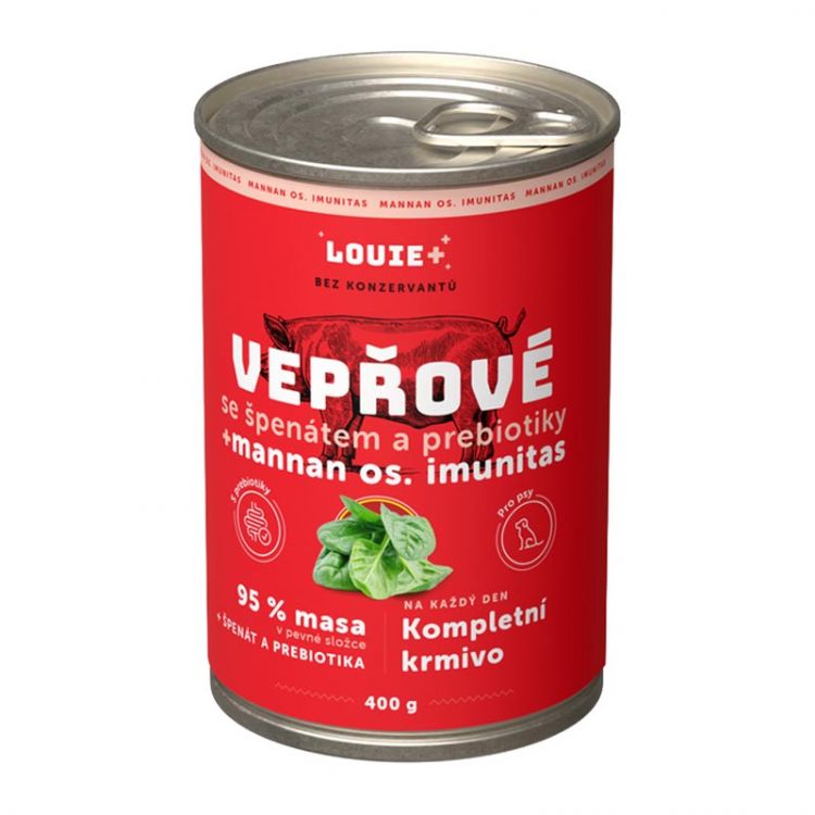 LOUIE konzerva pre psov - bravčové mäso so špenátom a prebiotikami 200 g
