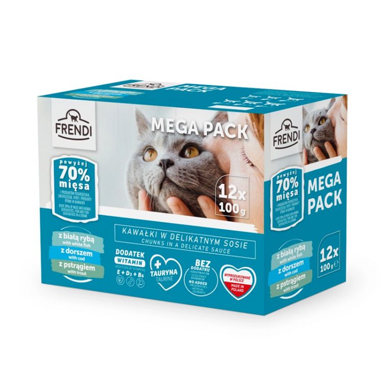 FRENDI Kapsička 12 x 100 g Kapsičky pre mačky 4x treska , 4x pstruh , 4x biela ryba  70% mäsa v kúskoch
