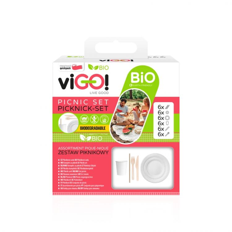 viGO! Piknikový set BIO 12 tanierov 23 cm + 6 nožov + 6 drevených vidličiek