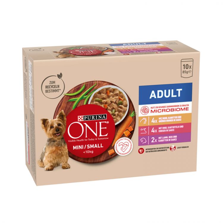 Purina ONE Mini Dog Multipack Adult Kura a hovädzie a jahňacie v šťave 10x85g