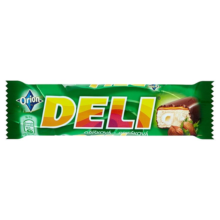 ORION DELI Oriešková tyčinka s lieskovými orechami a karamelom máčaná v horkej čokoláde 35 g