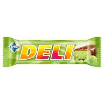 ORION DELI tyčinka s pistáciovou príchuťou a karamelom máčaná v horkej čokoláde 35 g