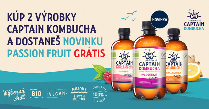 Kúp 2 výrobky Captain kombucha a dostaneš novinku passion fruit grátis